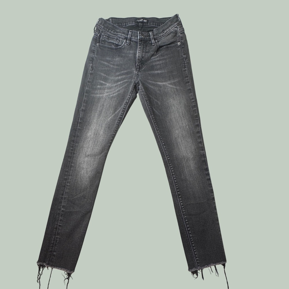 Express Jeans Womens 4 Legging Mid Rise Black Frayed Hem Stretch Casual Denim